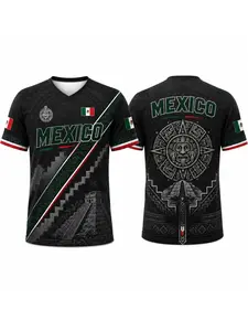 Unisex V Neck Short Sleeve Tee Mexico Letter Aztec Sun Calendar Pyramid Ethnic Full Print Breathable Casual Top, Country Flag Graphic T-Shirt For Summer Street Sports Vacation Couple Matching Outfit.