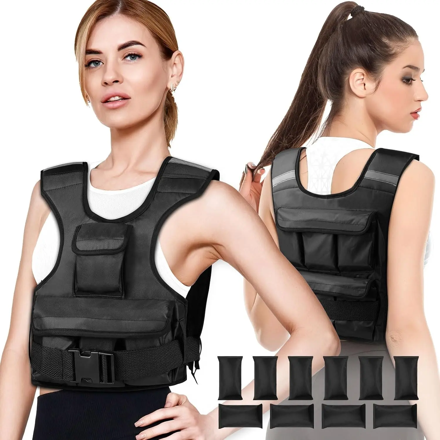 Women's Adjustable Functional Weighted Vest, 0-18 lbs Customizable Strength Training Vest with 10 Removable Sandbags, Breathable Fabric & Reflective Safety Strips for Running, Hiking, Reflective Strips, Functional Vest