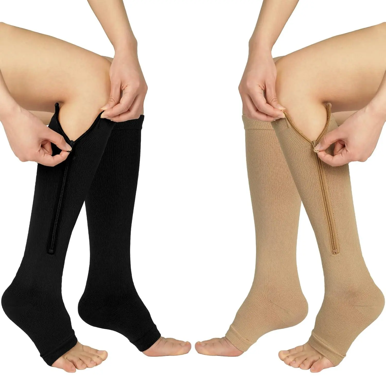 Women's & Men's 2-Pair Zipper Compression Socks, 15-20mmHg Knee-High Open-Toe Breathable Outdoor Wear Sports Fit Socks for Walking Yoga, Breathable Sports Socks