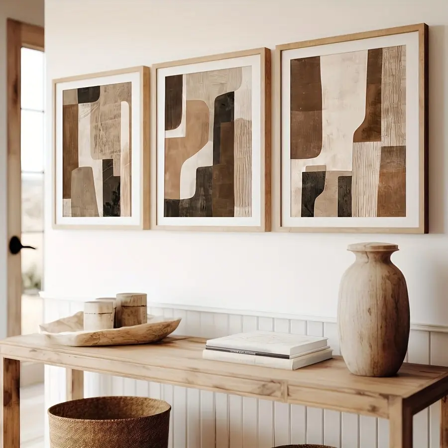 Set of 3 Brown and beige neutral abstract wall art prints Canvas Wall Art Framed, Abstract Painting Print Poster Aesthetic Wall Decor, Home Artwork for Living Room Bedroom Dining Room Kitchen Hallway Office, Ready to Hang