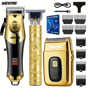 WEEME 3pcs Men's electric hairdresser set, hairdresser hairdresser set, household electric hairdresser set, USB charging electric hairdresser, Cordless Clipper, alloy knife head, LCD display, carving shape, household car travel use, Father's Day gift