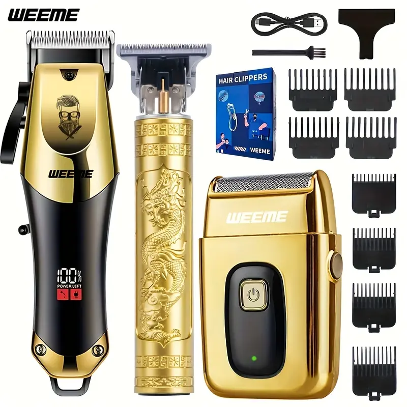 WEEME 3 Pcs Men's Electric Hair Clipper Set, Rechargeable Clippers, USB Charging, Alloy Blade, LCD Display, Engraving Design, Home/Car/Travel Use, Father's Day Gift