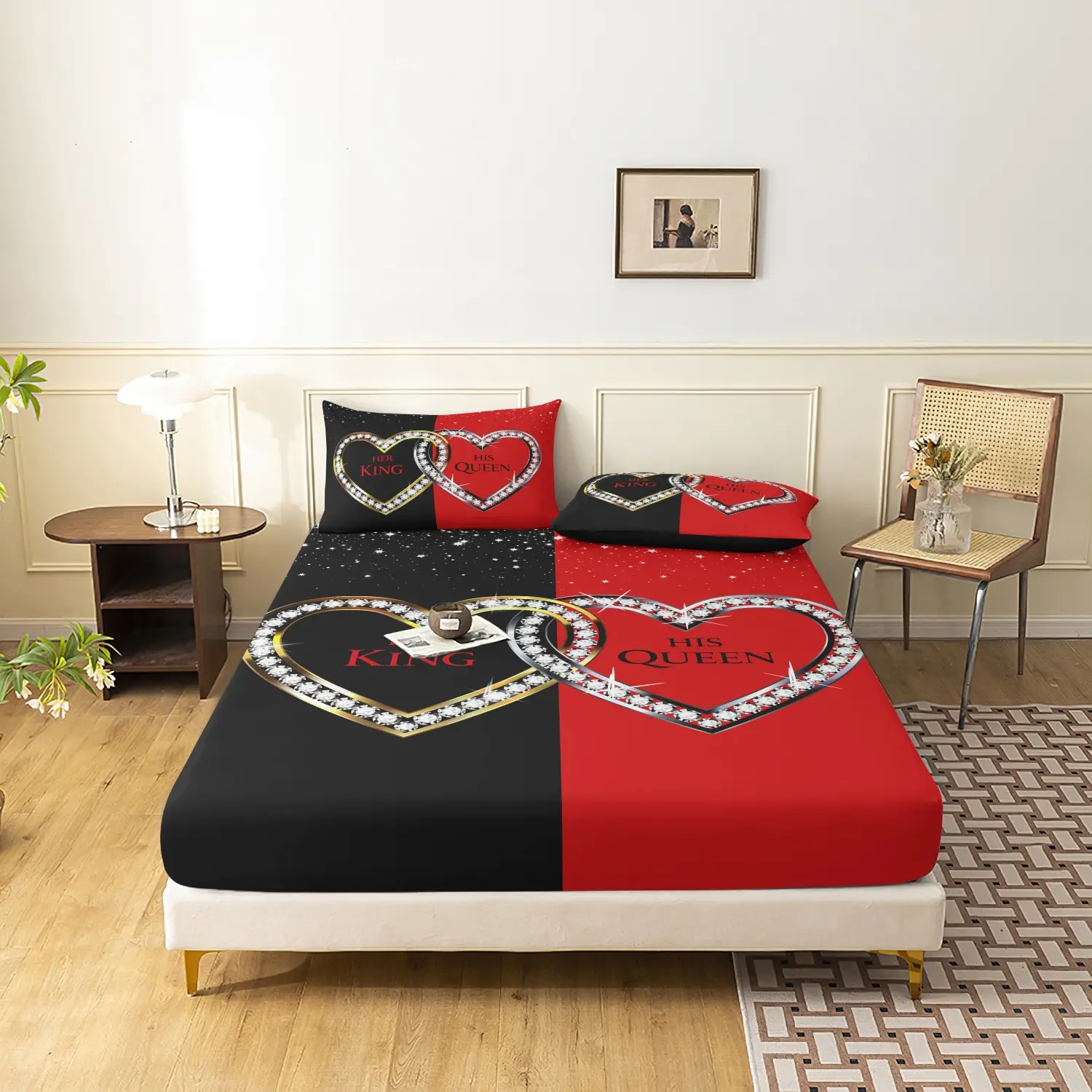 3 Pieces Red Black Two Tone King Queen Diamond Heart Fitted Sheet Set, Heart Couple Text Printed Bedding Bedsheets, For Bedroom Home Decoration, Multiple Sizes Available (1 Fitted Sheet + 2 Pillowcases, No Pillow)
