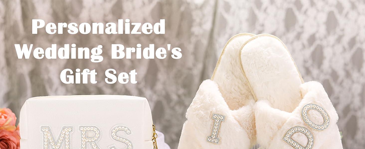 Bride To Be Gifts - Bridal Shower Gifts & Wedding Gifts for Bride - Gift Set: Makeup Bag, Slippers, Hair Clip - Bride Gifts