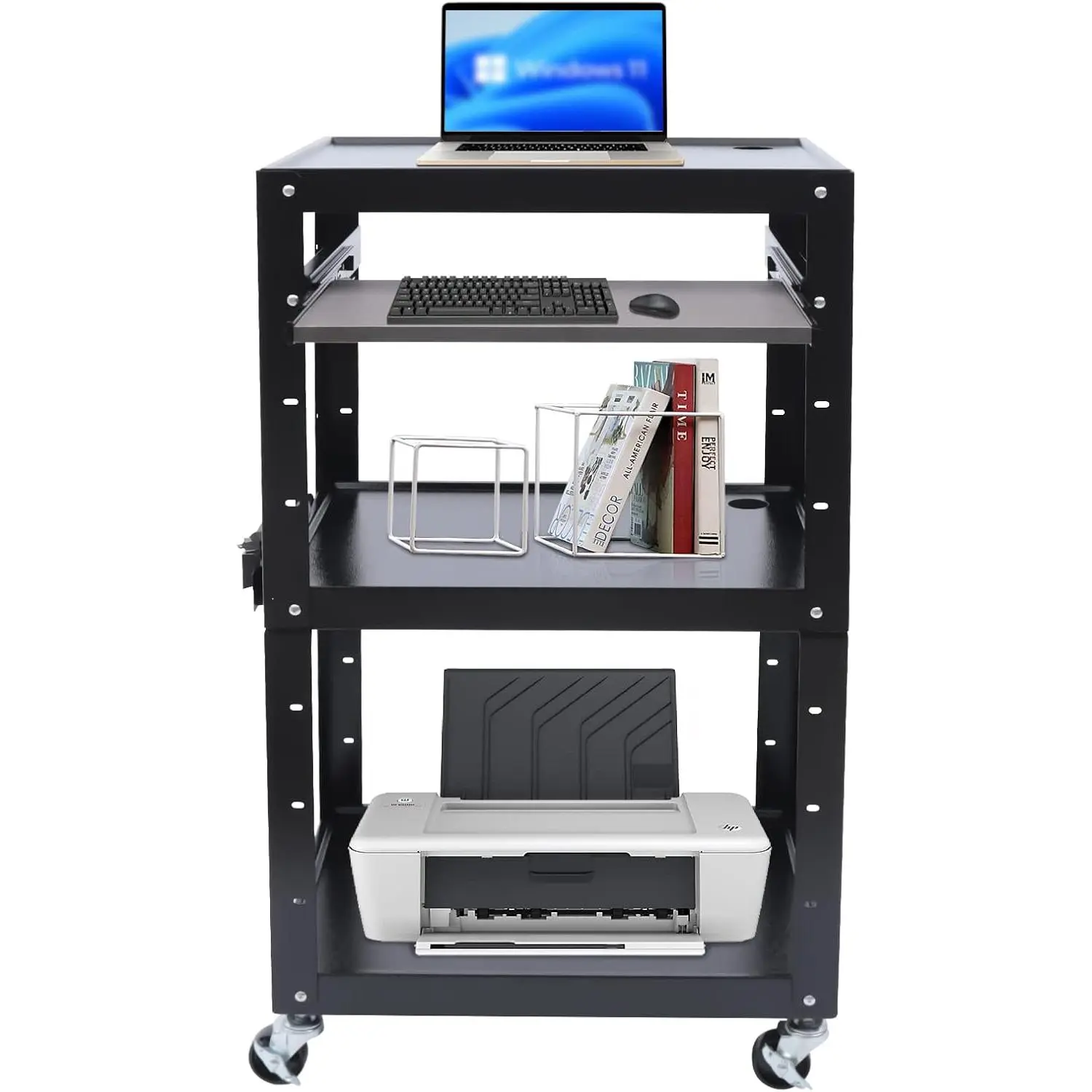 Durable Steel Frame 4-Layer Rectangle Rolling AV Presentation Utility Cart Organizer, Adjustable Height Free Standing Stand with Wheels, Pull-Out Tray for Classroom, Computer Room (Rolling Cart Organization Solution)