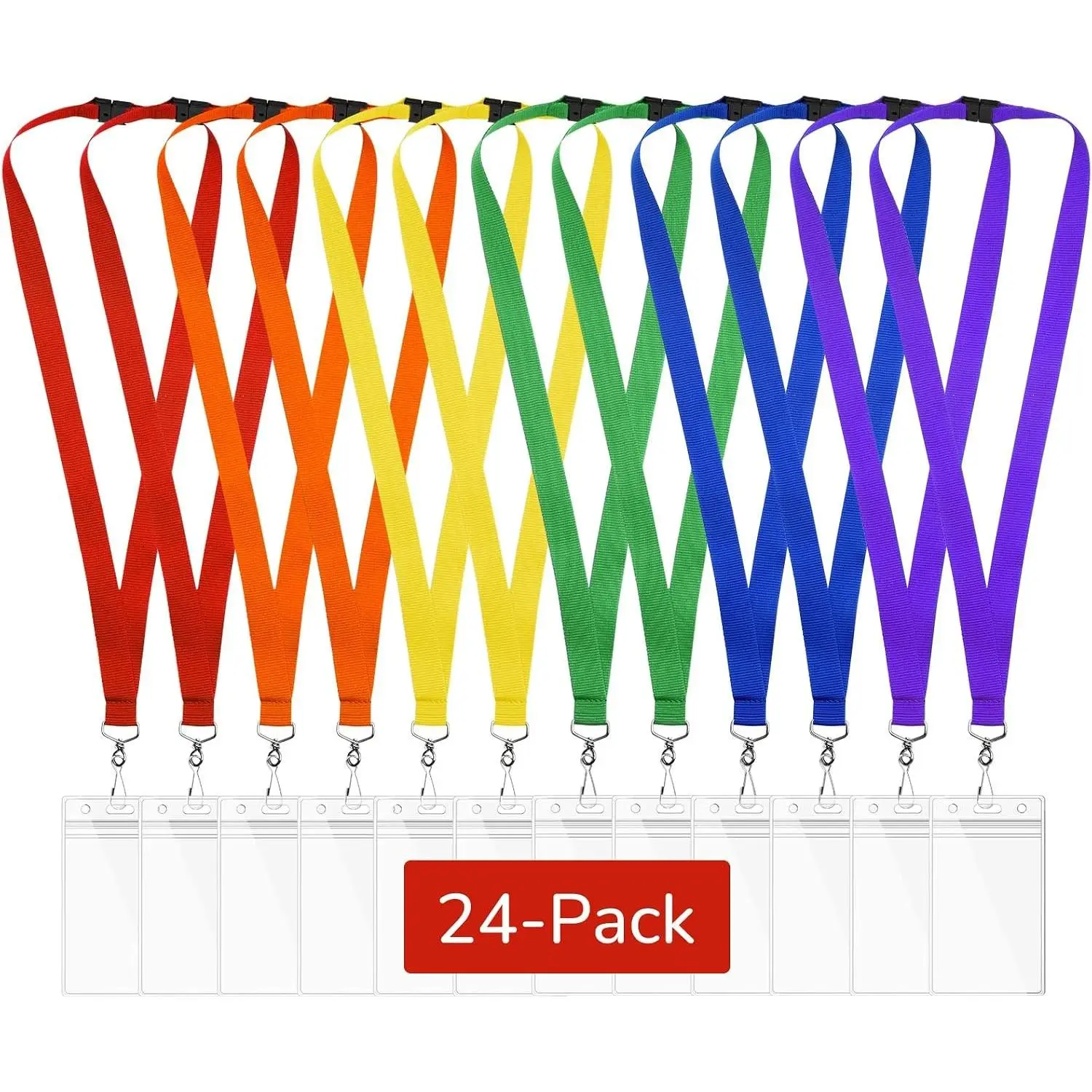 24-Pack Rainbow Breakaway Lanyards with Waterproof Badge Holders, Polyester Neck Straps for ID Cards, Events, Office, and Schools
