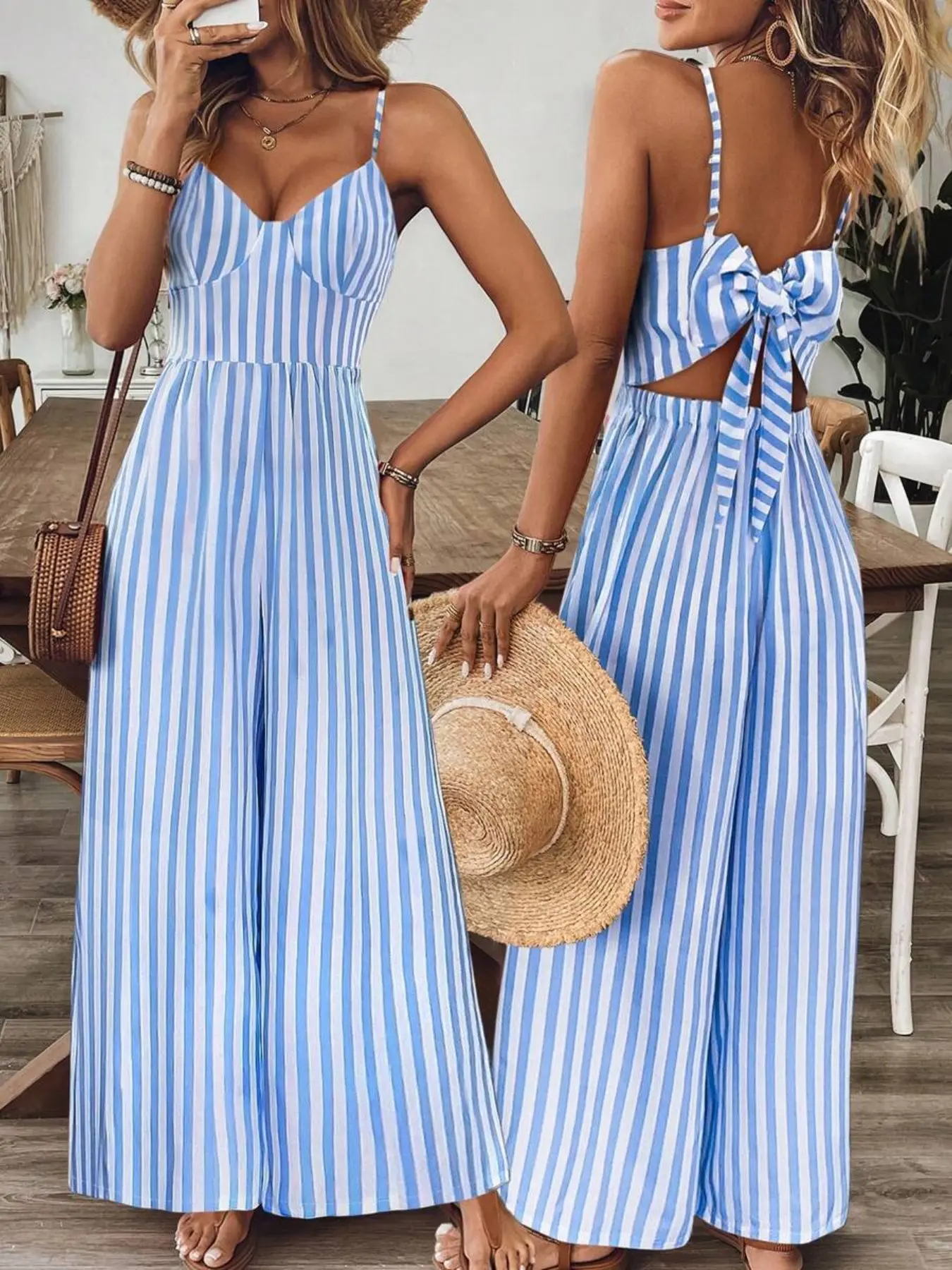 Women's Casual Floral Print Spaghetti Strap Sleeveless Open Back Backless Striped Boho Romper, Summer & Spring Fashion, Comfortable and Stylish One-Piece Dress