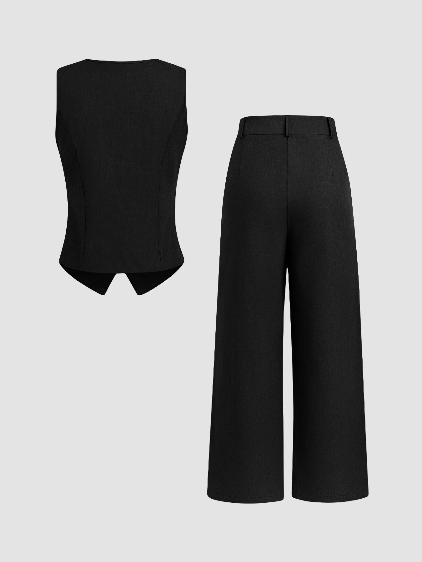 Classic Suit Set, Two Piece Set Solid Color Vest & Wide Leg Pants Elegant Fitted Fashion Casual Work Office Business Suits for Summer Fall Y2K, On The Go, Beach Ready, Relaxed Fit, Chic, Slim, Coastal Style