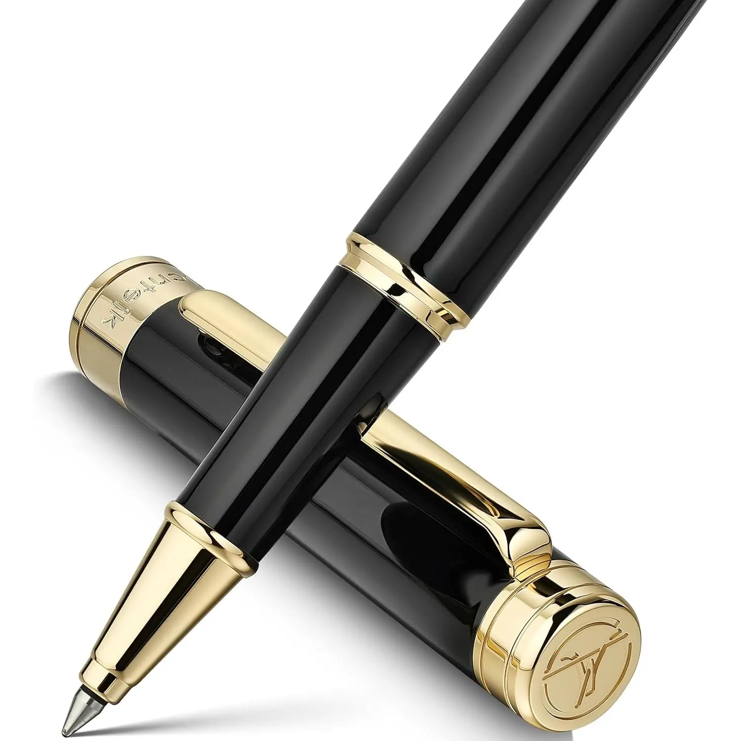 Black Lacquer Rollerball Pen Set - 24 Karat Brass Body, Luxury Look, Smooth Flow Ink, Refillable, Precision Writing, Professional Executive Office Stationery for Men & Women