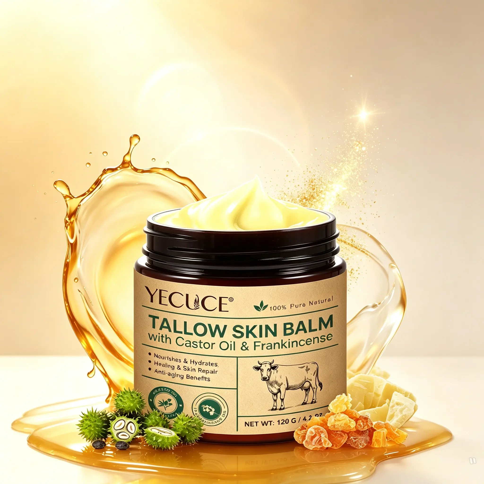 Yecuce Beauty Cream 120g, 3-In-1 Castor & Frankincense Oil Balm, Moisturizing Face Cream for All Skin Types, Non-Flammable Aerosol-Free
