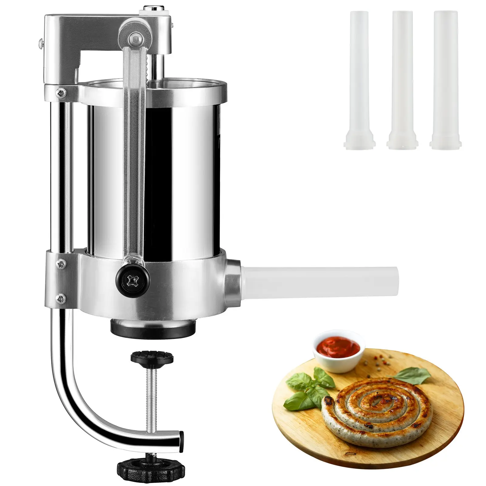 VEVOR Sausage Stuffer, 2.5LBS/1.5L Capacity, 304 Stainless Steel Vertical Sausage Stuffer, Sausage Filling Machine with 3 Stuffing Tubes, Suction Base and Manual Crank for Household or Commercial Use