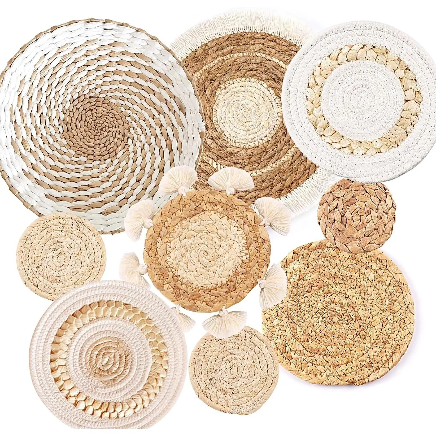 9 Pack Boho Wall Basket Set, hanging Woven Wall Basket Decor, Seagrass Rattan Wicker Boho Wall Decor, Eco-Friendly Round Art for Farmhouse Bedroom Living Room Display Table Settings Kitchen Home