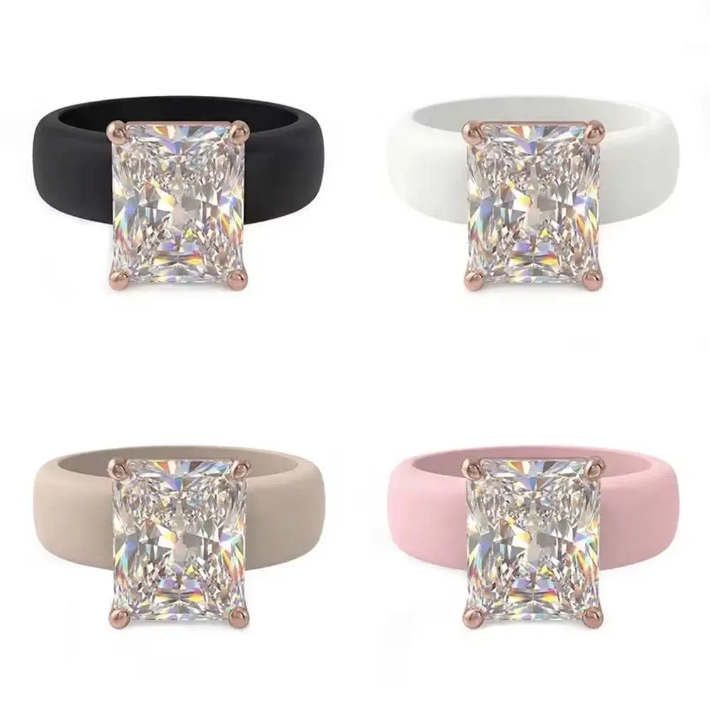 Women's Gold-Toned Silicone Wedding Ring - Large Rectangle Lab-Created Cubic Zirconia, Prong Setting, Comfortable Flexible Sport Band, Flexible Rings, Gold-Toned Silicone Rings