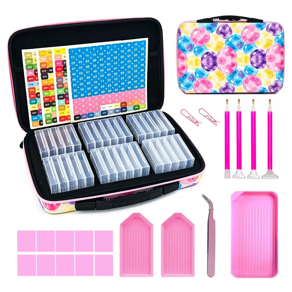 Diamond Painting Tool Kit, 32-Slot Transparent Diamond Storage Box, Label Paper, Tools, Dotting Pen, Putty, Precision Tweezers, Tray