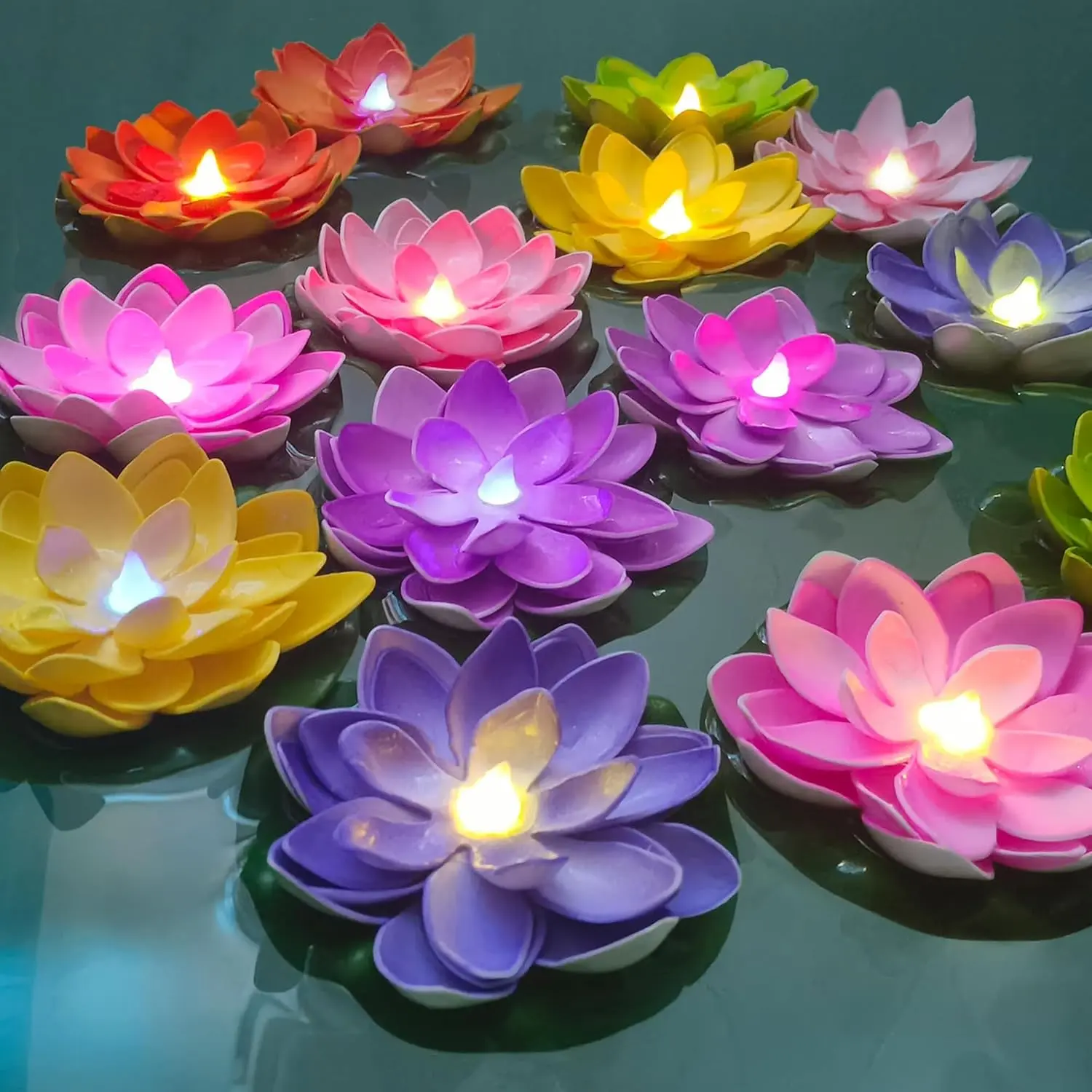 14 PCS Diwali Waterproof Floating Lotus Light - Floating Flower Light Battery Operated Muiti-Color RGB Pool Flower Lamp Wedding,Anniversary,Father's Day graduation Garden Decoration