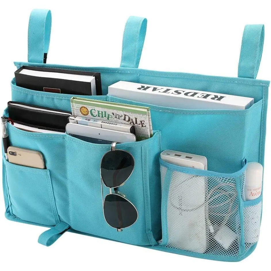 Bunk Bed Organizer, Bedside Caddy Hanging Bed Organizer Storage Bag 8 Pockets, for College Dorm Rooms Bed, Hospital Bed, Baby Bed Rails, 600D Oxford Cloth (Light Blue)