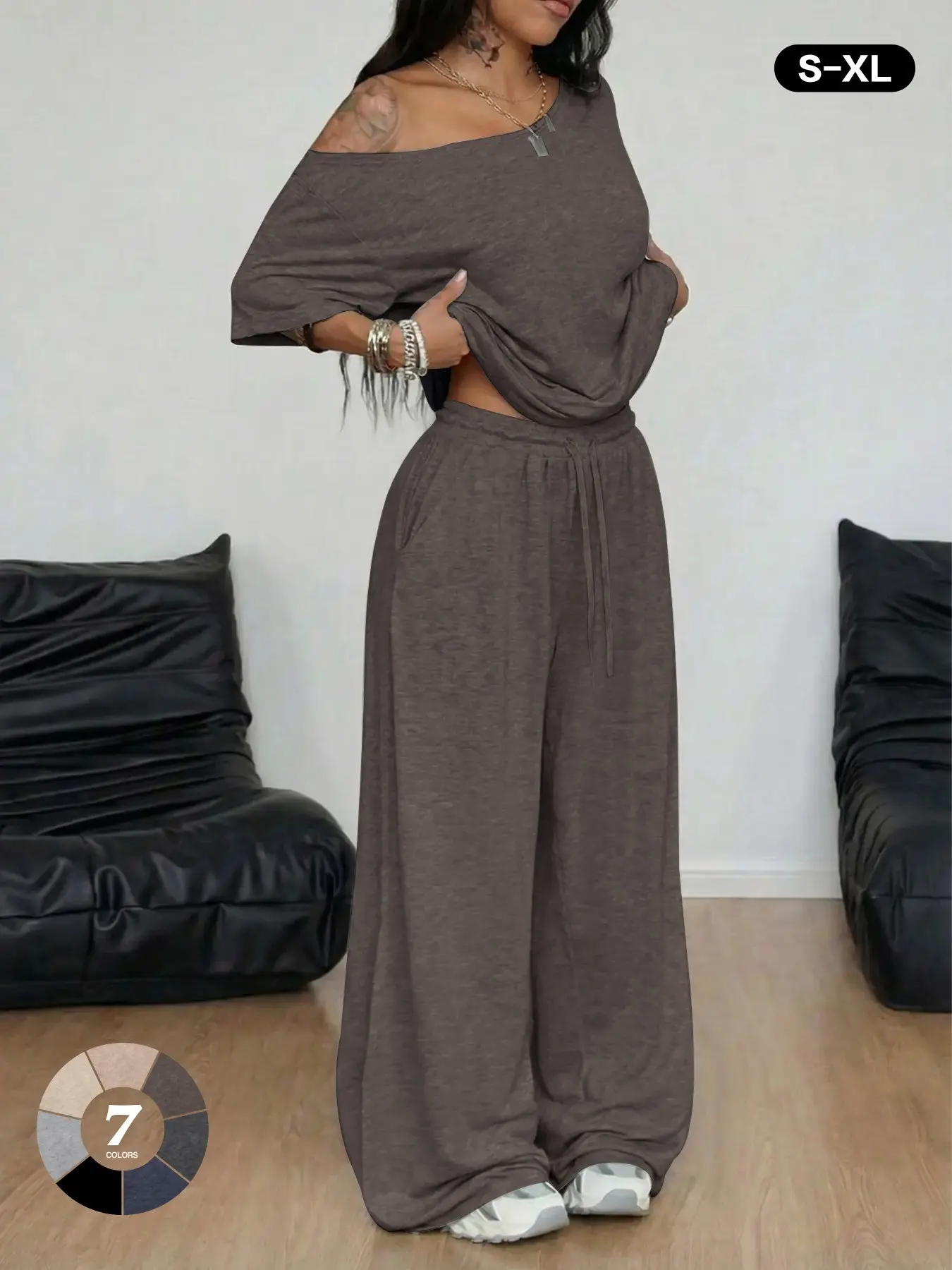 Plus Size Slouchy Shoulder Two-Piece Set, Loose Baggy V-Neck T-Shirt & Wide Leg Pants, Breathable Knit Casual Wear, Comfortable and Stylish Clothes