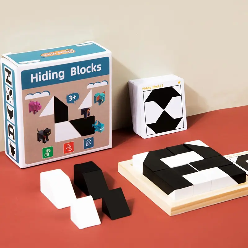 Hidden Block Wooden Logic Puzzle, Spatial Visual Thinking Board Game, Early Education Brain Teaser Toy with 40 Dual-Sided Cards