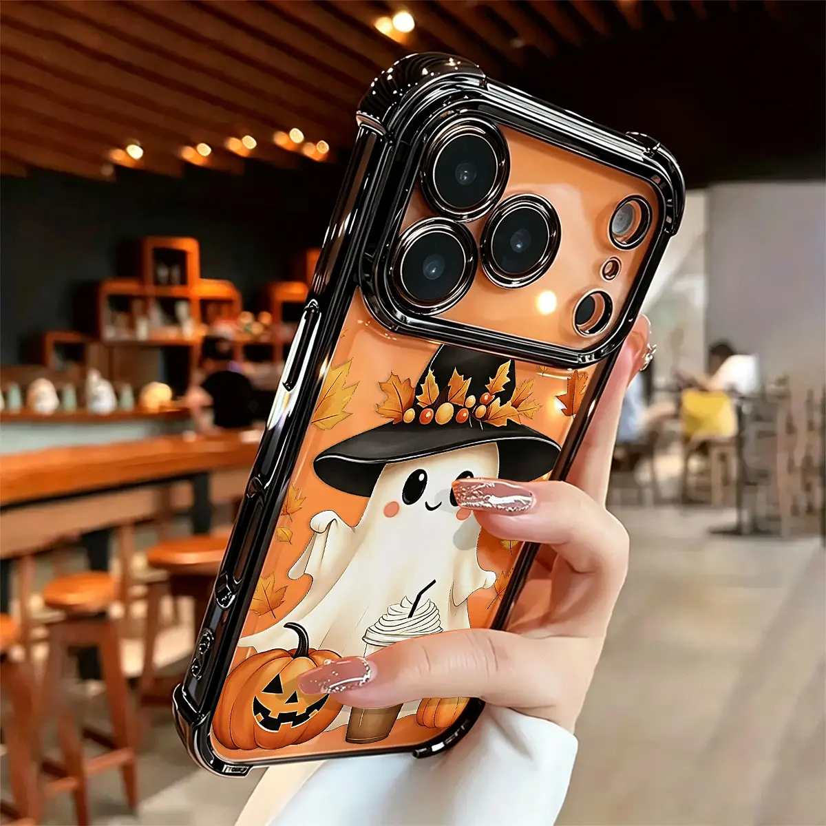 Shockproof Cellphone Cover Armor - Shiny Transparent Leaf Casing, Cute Halloween Ghost Pumpkin Pattern, 4-Corner Bumpers Protective Shockproof Phone Case for iPhone & Samsung Galaxy Models (Cute Halloween Stuff, Perfect Gift)