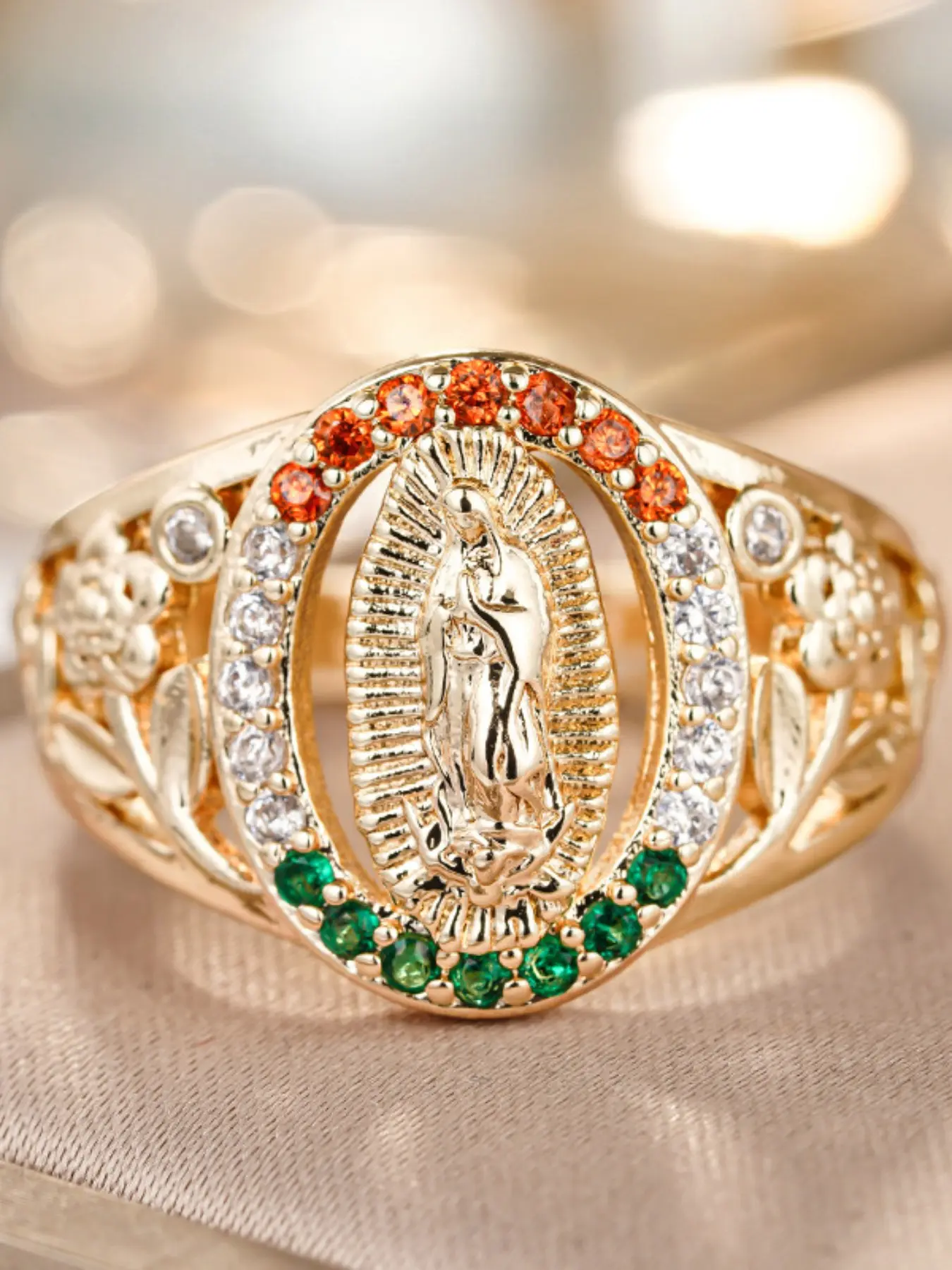 Vintage Virgin Mary Ring for Women, Colorful Zircon Embedded Charm Ring, Wedding Jewelry Gift, Casual Geometric Design, All Seasons