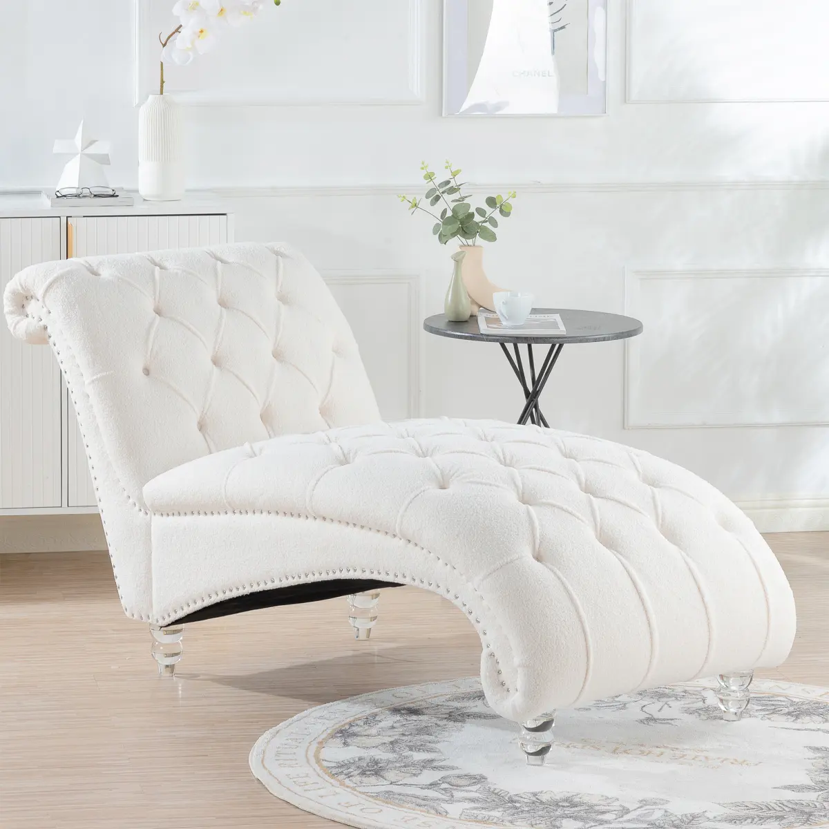 Tufted Armless Chaise Lounge WL - PU Leather/Teddy Velvet Padded Gourd Shaped Comfy Couch, Bubble Nails Accent, 220lb Weight Capacity, 27.17"w x 62.8"d x 32.87"h, 49.00lbs Item Weight, High Rebound Sponge Cushion, Assembly Required Indoor Furniture Chair