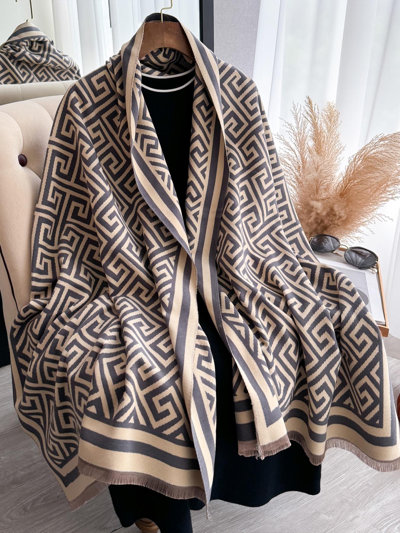Boho Style Geometric Pattern Double Sided Thickened Shawl, Casual Soft Warm Long Scarf for Fall & Winter, Fashion Accessories for Women & Men
