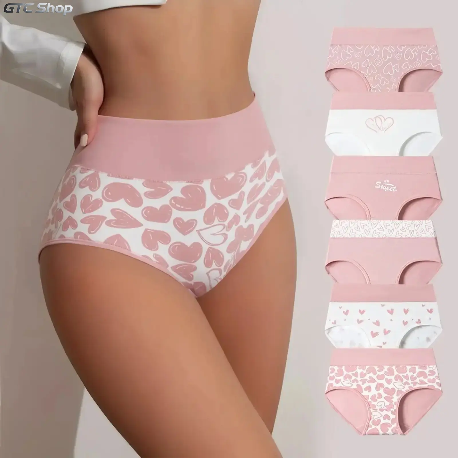 Women 4/6 Pack Cotton High-Rise Brief Panties, Soft Skin-Friendly Cute Love Print Intimates, Supportive Comfort Undies, Versatile Cotton Lingerie for Everyday Casual Lounge & Postpartum Recovery Daily Outfits