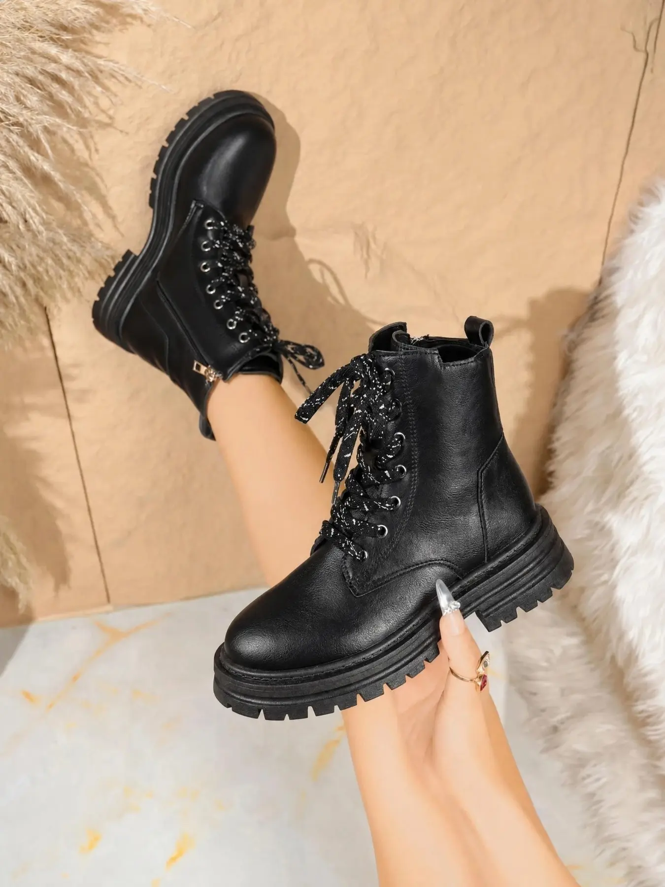 Stylish women's platform combat boots, versatile round-toe design, featuring anti-slip side zippers and laces, perfect for daily wear and outdoor adventures, fashionable and comfortable shoes, elegant short boots, combat boots, PU Leather Boots