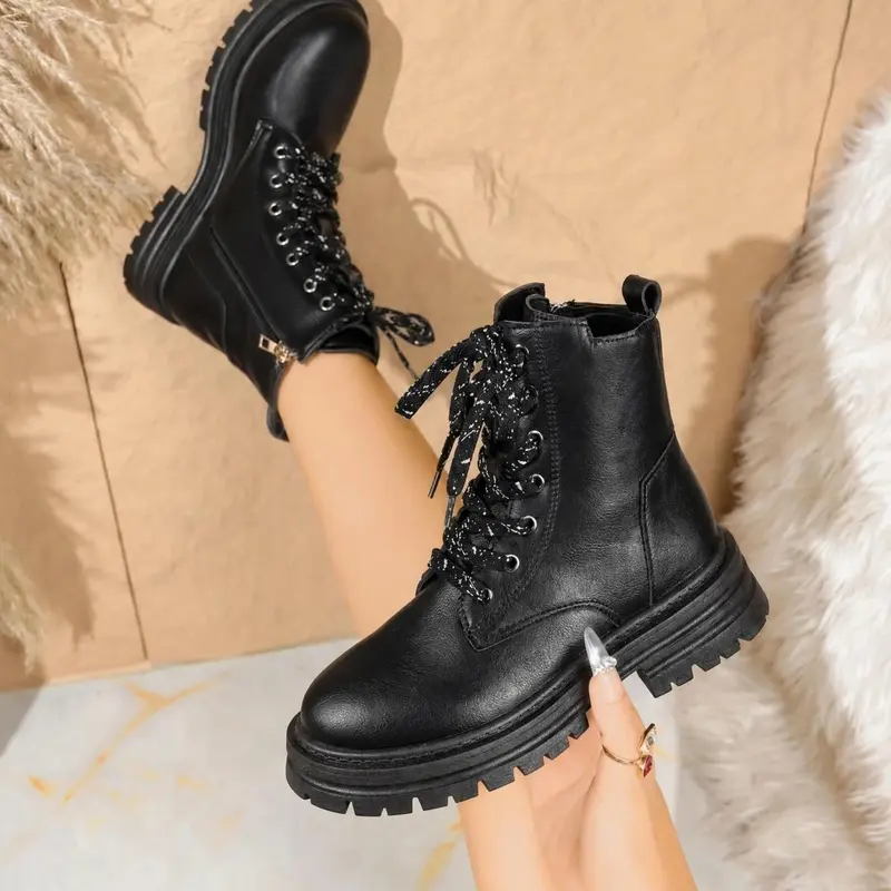 Stylish women's platform combat boots, versatile round-toe design, featuring anti-slip side zippers and laces, perfect for daily wear and outdoor adventures, fashionable and comfortable shoes, elegant short boots, combat boots, PU Leather Boots