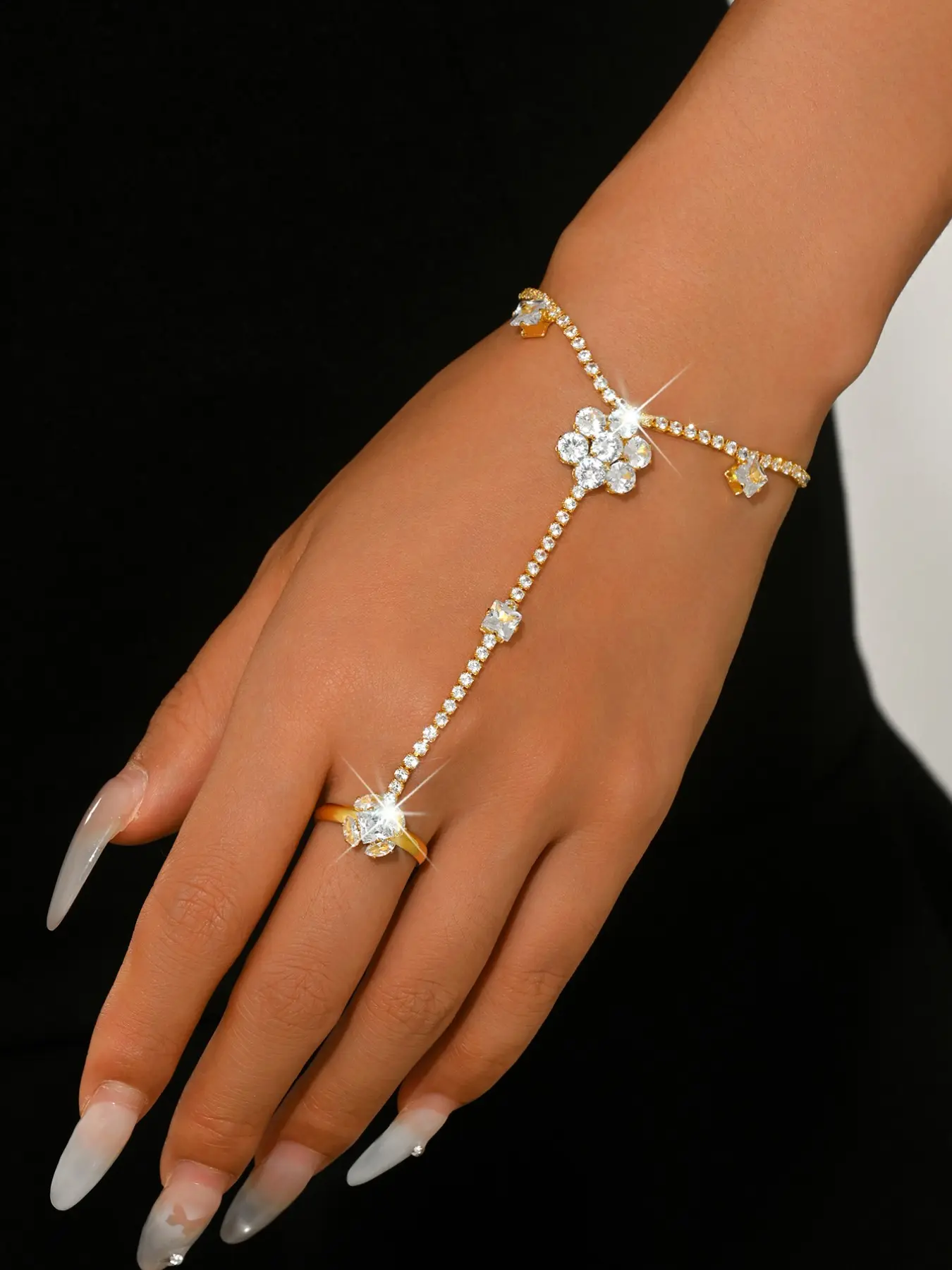 Elegant Floral Wrist Chain, Women's Continuous Finger Bracelet, Delicate Layered Hand Jewelry for Brides and Parties