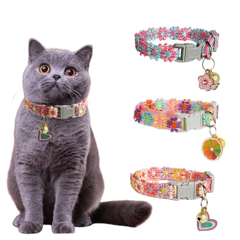 Dopamine Colorful Spring Cat Collar with Elegant Lace Embroidery Gentle Adjustable Fit and Jingle Bell for Cats and Tiny Dogs Stylish Pet Fashion Neckband Accessory