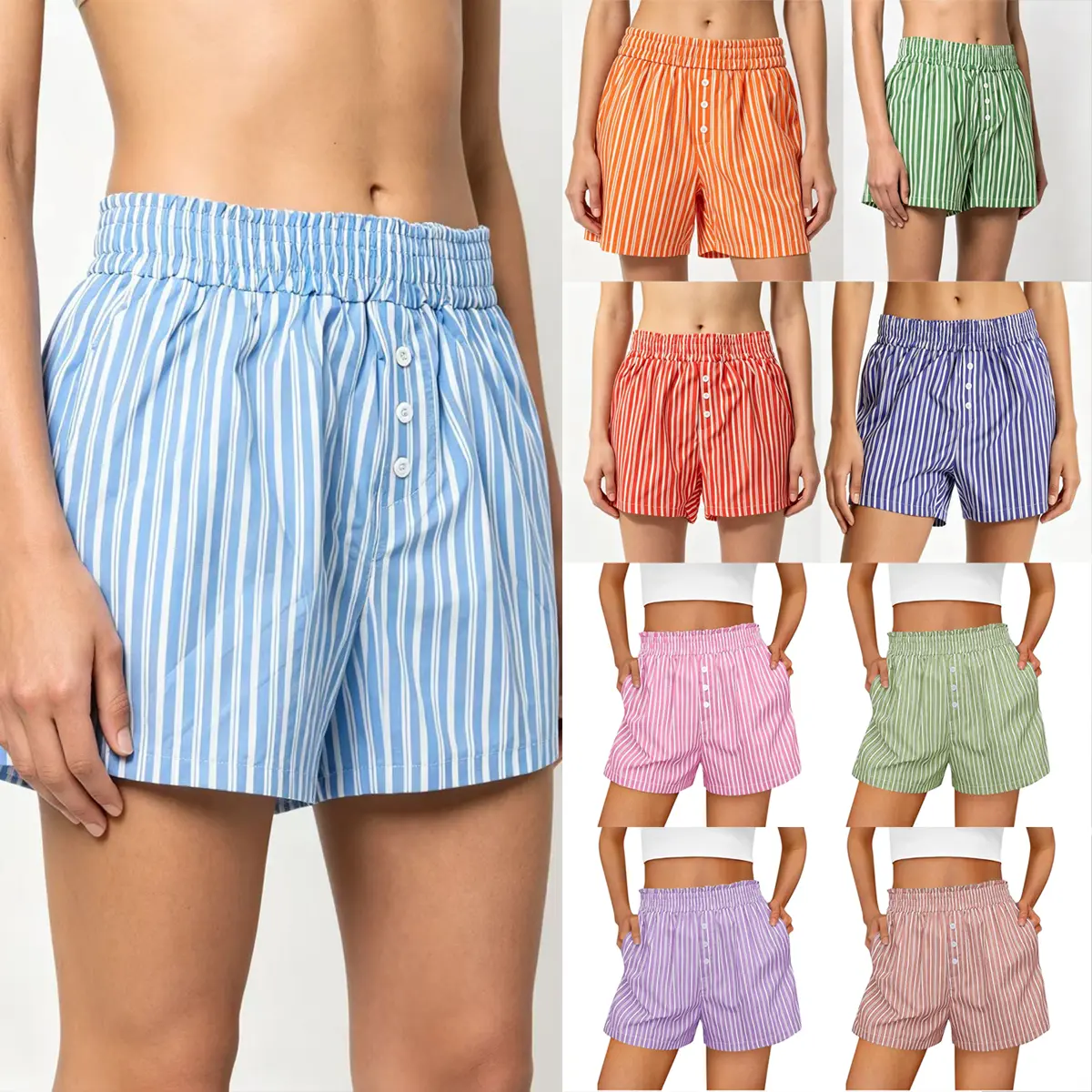 Women's Vertical Striped Casual Shorts, Elastic Ruffle Waist Loose Lightweight Commute Shorts, Decorative Front Buttons 100% Polyester Summer Lounge Bottoms with Pockets