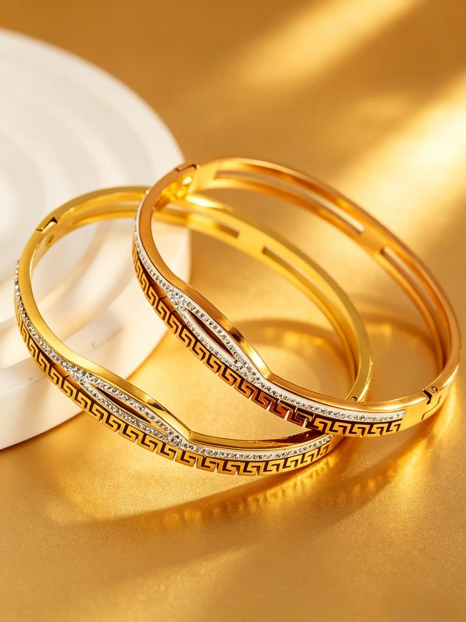 18k Stainless Steel Greek Key Jewelry Bracelet, Vintage Luxury Rhinestone Open Cuff, Waterproof Allergy-Free, Perfect Birthday Gift for Women