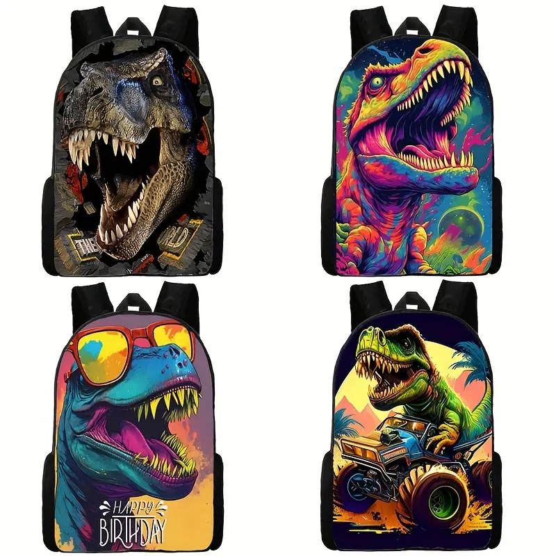 Teen Boys' S-Shaped Jurassic Theme Animal Design Oxford Cloth School Backpacks - Lightweight, Adjustable Shoulder Straps, Top Handle
