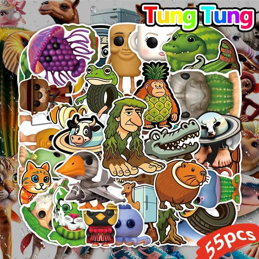 55Pcs AI Abstract Brainrot Abstract Cartoon Stickers Tung Tung Tung Sahur Funny Animal Graffiti Decals Kids DIY Sticker