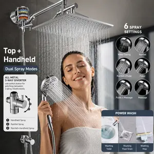 Handheld Showers & Fixed Showerheads，High Pressure Filtered Rainfall Shower System with Handheld Shower Head, 10 Inch Square Rain Shower Head and 6+2 Spray Settings,High Pressure，Hard Water，Handheld Shower Head，Bathroom Shower Equipment，Shower Accessories