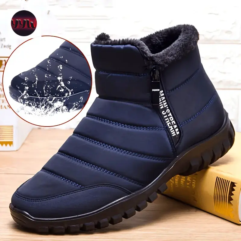 YYW1 Men's Navy Blue Waterproof Winter Boots with Warm Fleece Lining - Non-, Top Casual Snow Boots with Side Zipper Outdoor Adventures, Waterproof Boots
