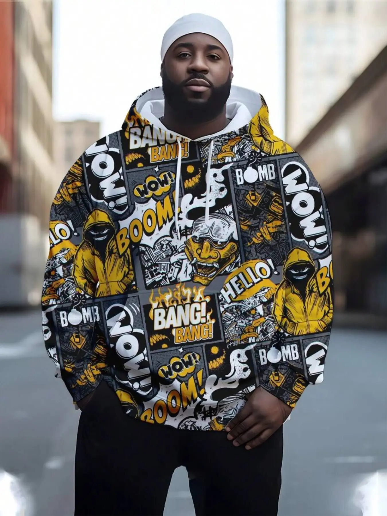 Men's Plus Size Hooded Sweatshirt, 3D Digital Print Front Drawstring, Full Graffiti Color Pattern, Fall Long Sleeve Top, Casual Loose Fit
