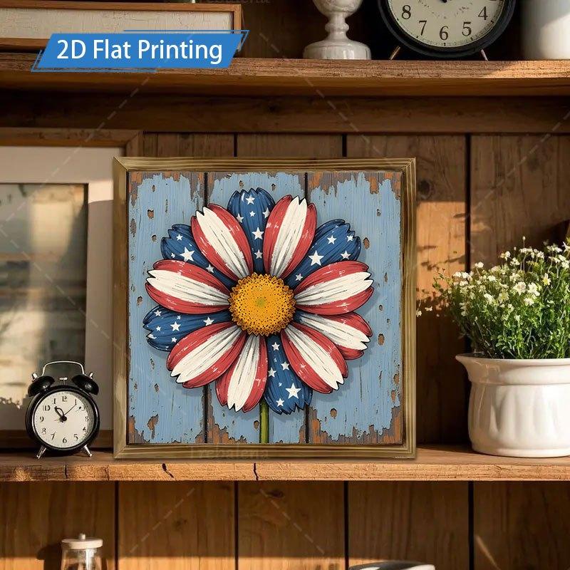 8x8inch Horizontal Wooden Sign - Patriotic Daisy Flag Framed Wall Art, Rustic Farmhouse USA Theme Suitable for Kitchen Bathroom Living Room Decor, Thick Wood Board Decoration for Home Gifts, Tabletop or Hanging Display,250th Anniversary