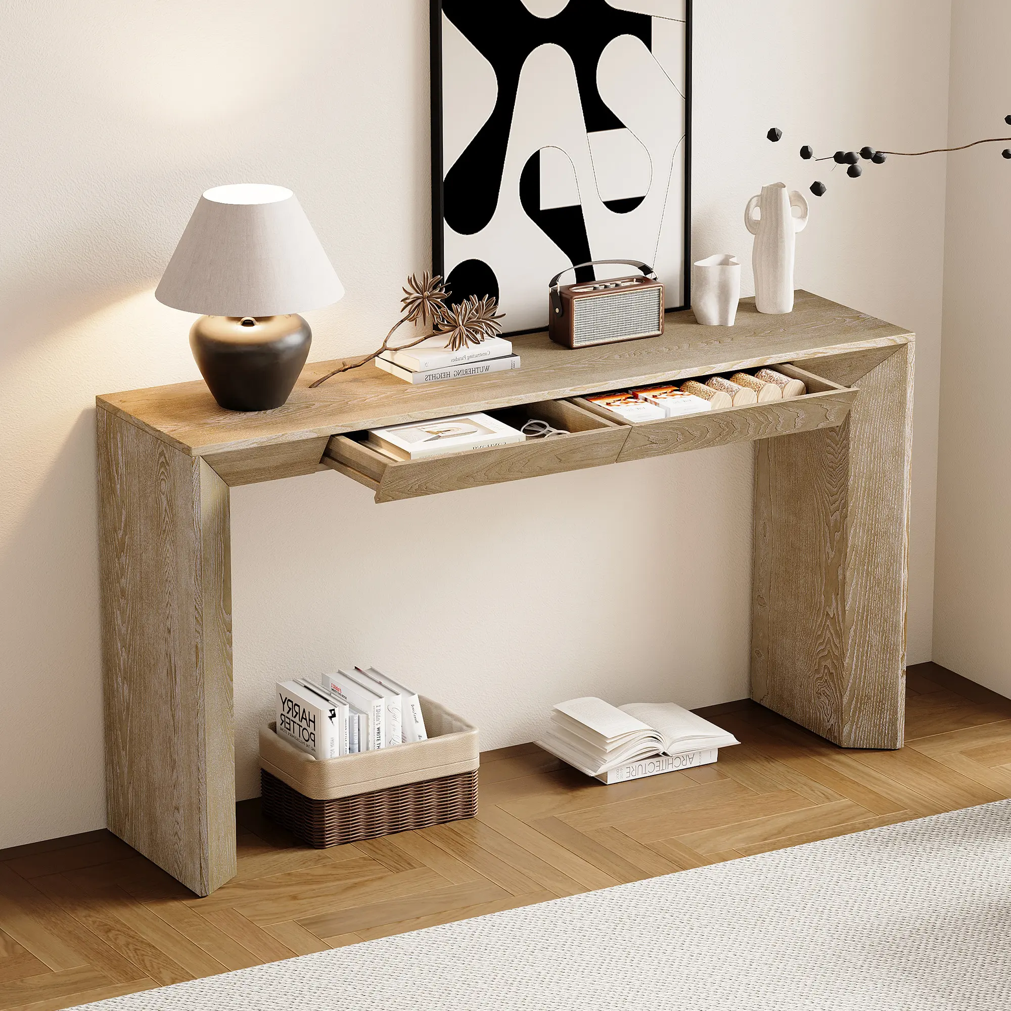 60" Modern Farmhouse Waterfall Console Table with 2 Hidden Drawers, Ash Veneer, Natural, YATU Living