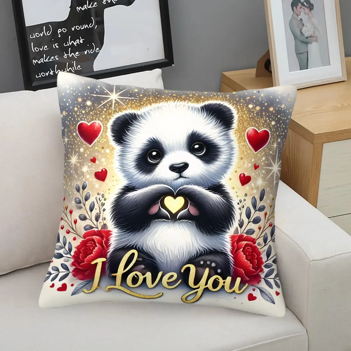 Cute Panda "I Love You" Pattern Accent Pillow, Romantic Red Heart Rose and Animal Print Throw Pillow, Soft and Comfortable Cushion, Valentine's Day Gift, Suitable for Sofa, Couch Cushion Replacement and Bed Decoration (1 Piece Including Pillow Insert)