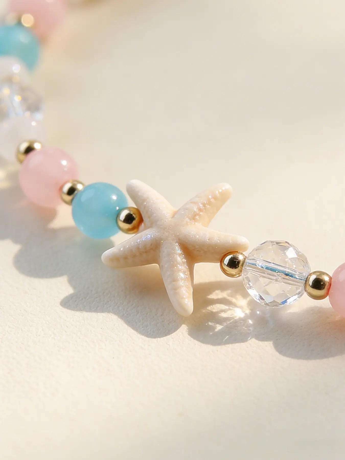 Summer Beach Vacation Starfish Beaded Bracelet, Fresh Blue Imitation Crystal Elastic Adjustable Wristband, Versatile Beach Accessory
