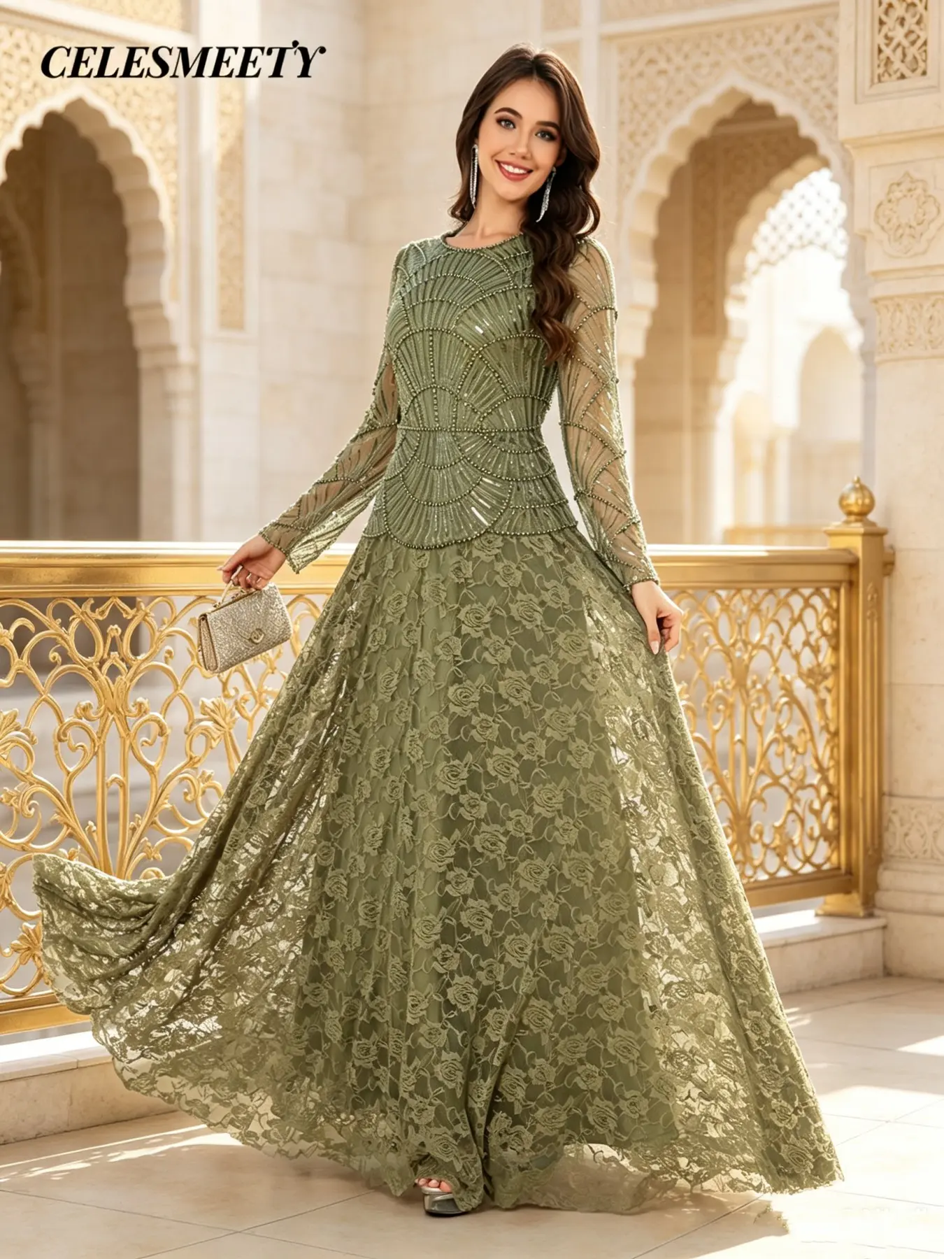 Celesmeety Women's Floral Lace Long Dress, Elegant Sequin Design, Casual Wear, Comfortable Fit, Ideal Gift, All Seasons
