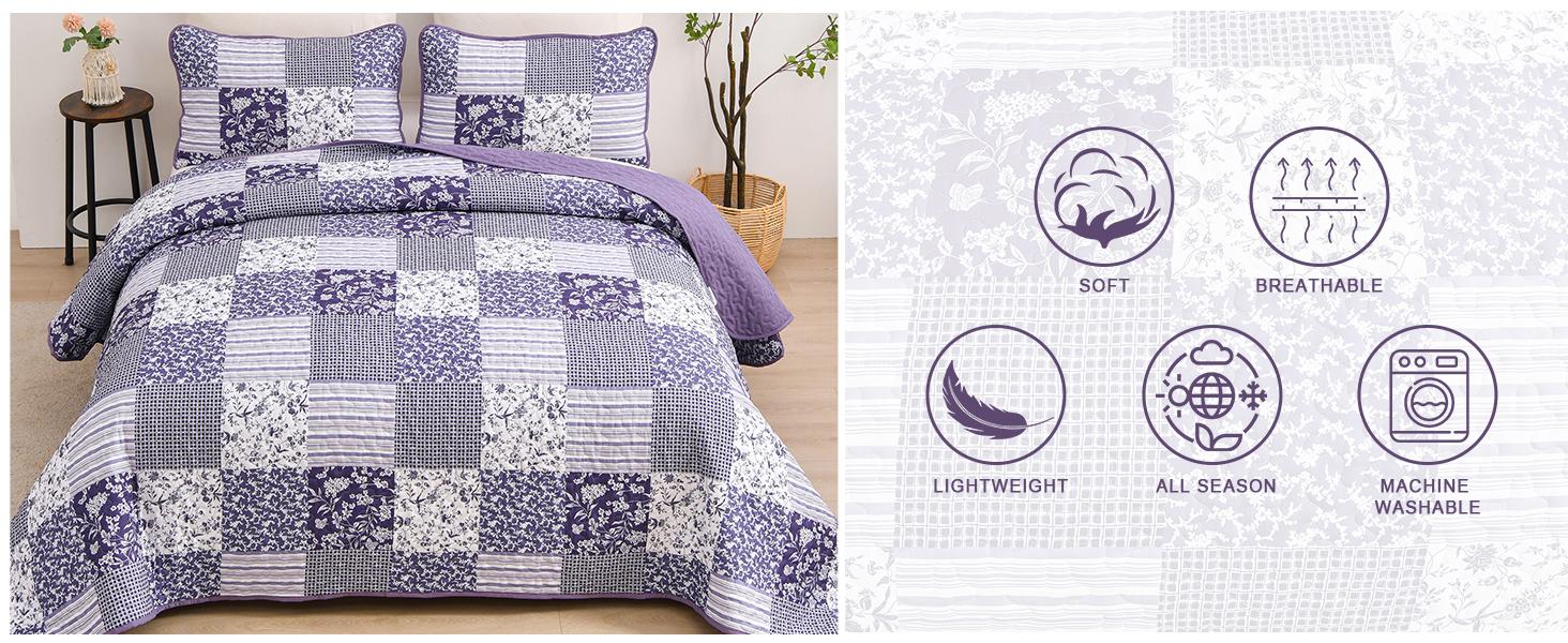 Green Set Twin Size, 2 Pieces Floral Bedspread Set Patchwork Reversible Bedding Set Microfiber Lightweight Bedspread Coverlet Set for All Season 68"x86"