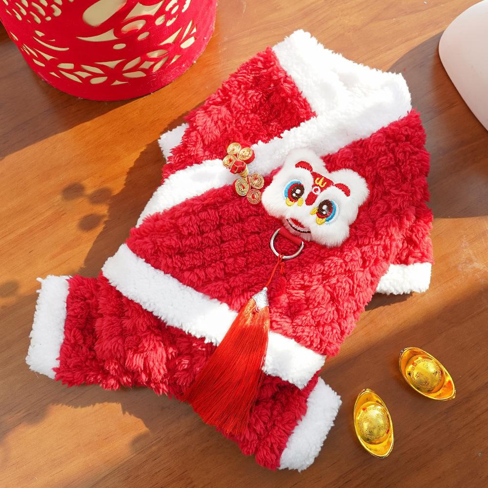 Lion Dance Style Fleece Lined Warm Pet Clothing for Dogs Cats Teddy Chinese New Year Outfit Formal Wear