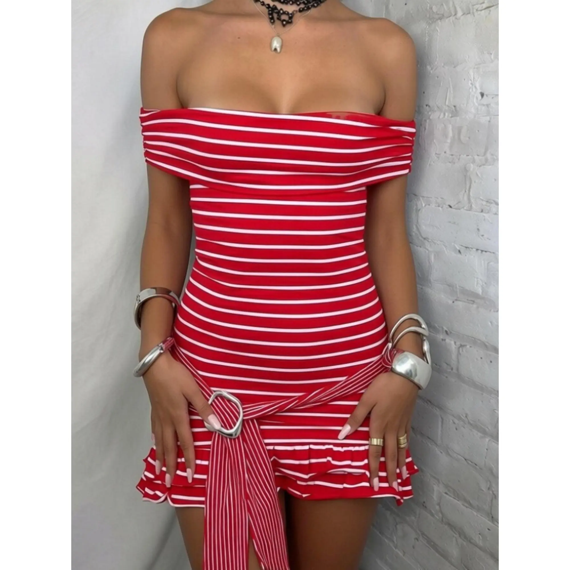 y2k Striped Off Shoulder Dresses Summer Women's Sleeveless Bodycon Ruffle Hem Mini Dress