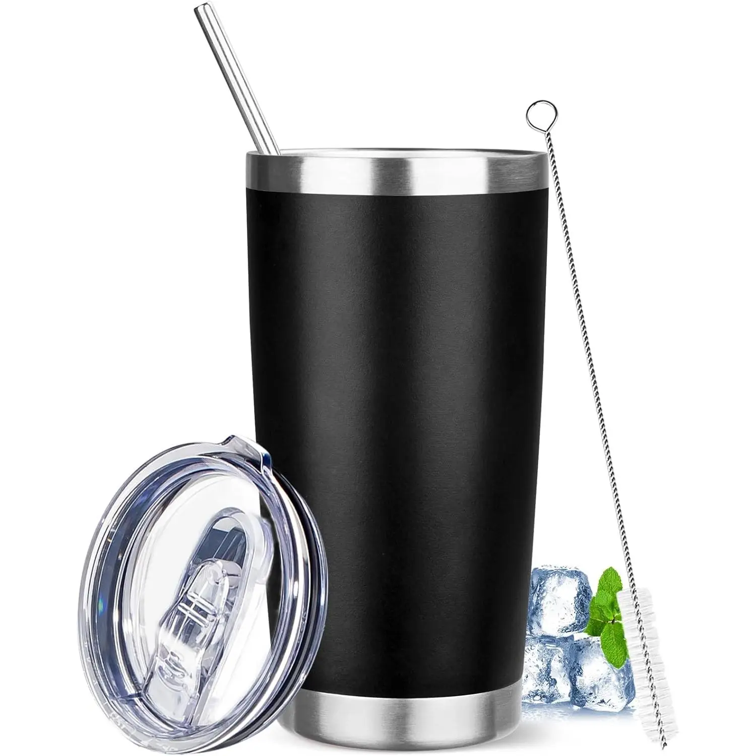 20 oz Tumbler with Lids and Straws, Stainless Steel Insulated Travel Coffee Mug, Double Wall Vacuum Insulated Tumblers, Powder Coated Coffee Tumbler for Cold & Hot Drinks (Black)