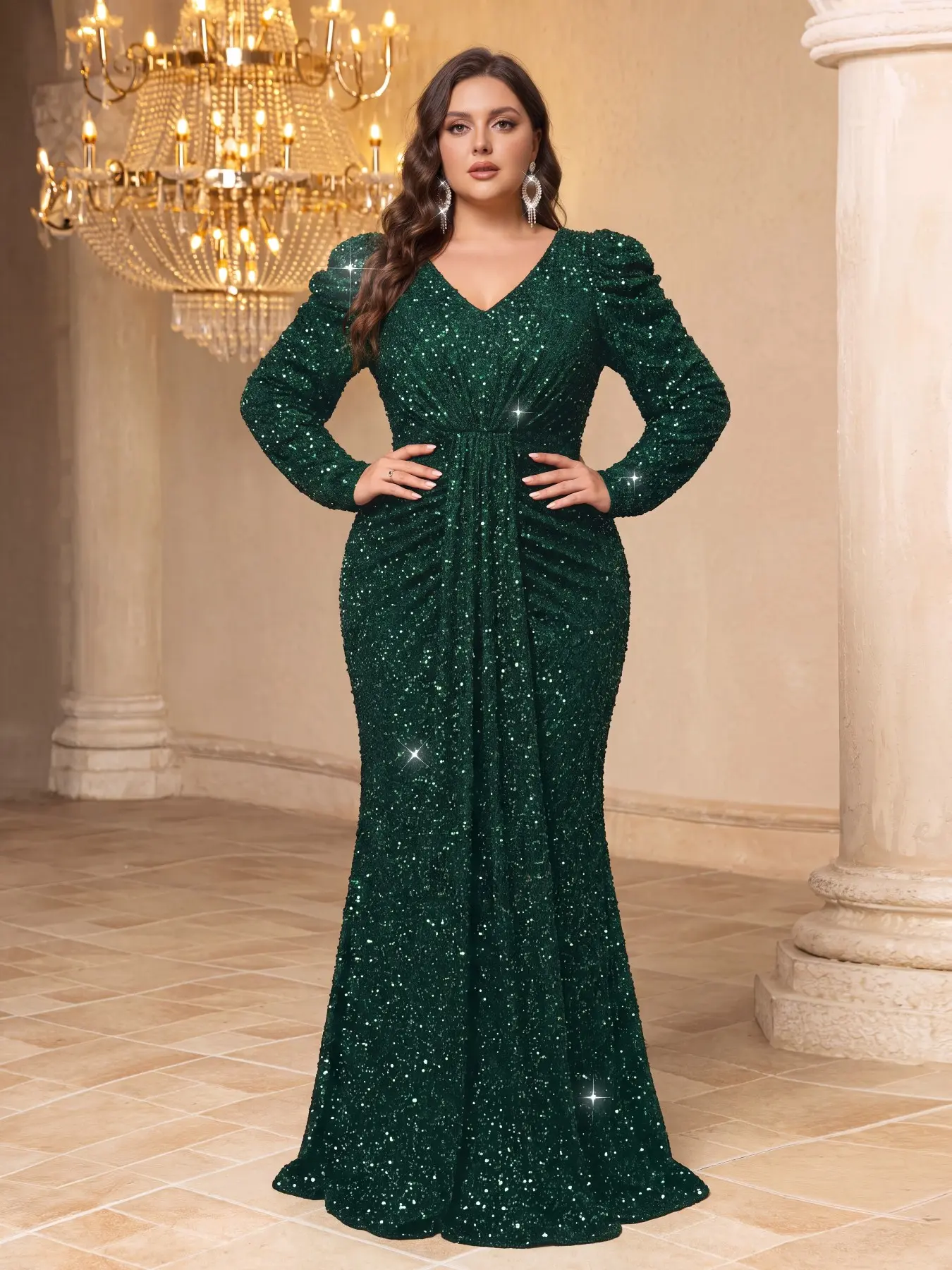 Elegant Evening Gown with V-Neck and Princess Sleeves, Embellished Prom Gown, Evening Banquet Gown, Long Sleeve, Sparkly Sequins, High-Quality Material, Perfect for Formal Events, Formal Wear, Embellished Dress, Evening Party Dresses