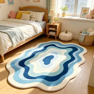 Cream Wave Gradient Rug, Blue Ripple Design, and Non-Slip, Decorative Floor Mat for Multiple Scenes