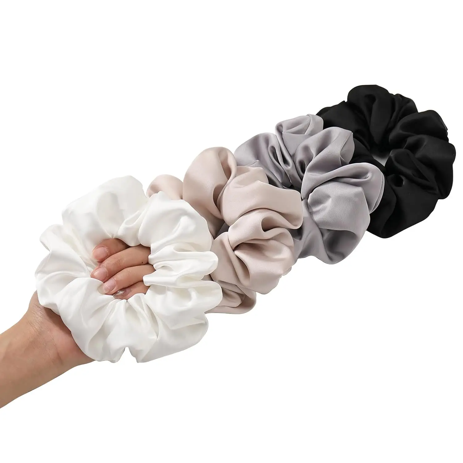 4 count Large Silk Satin Scrunchies for Women White Thick Hair Big Scrunchie | Black White  Champagne / Stretched 10" Length / No  /  Box /Diameter: 5 inches /  Hairstyles